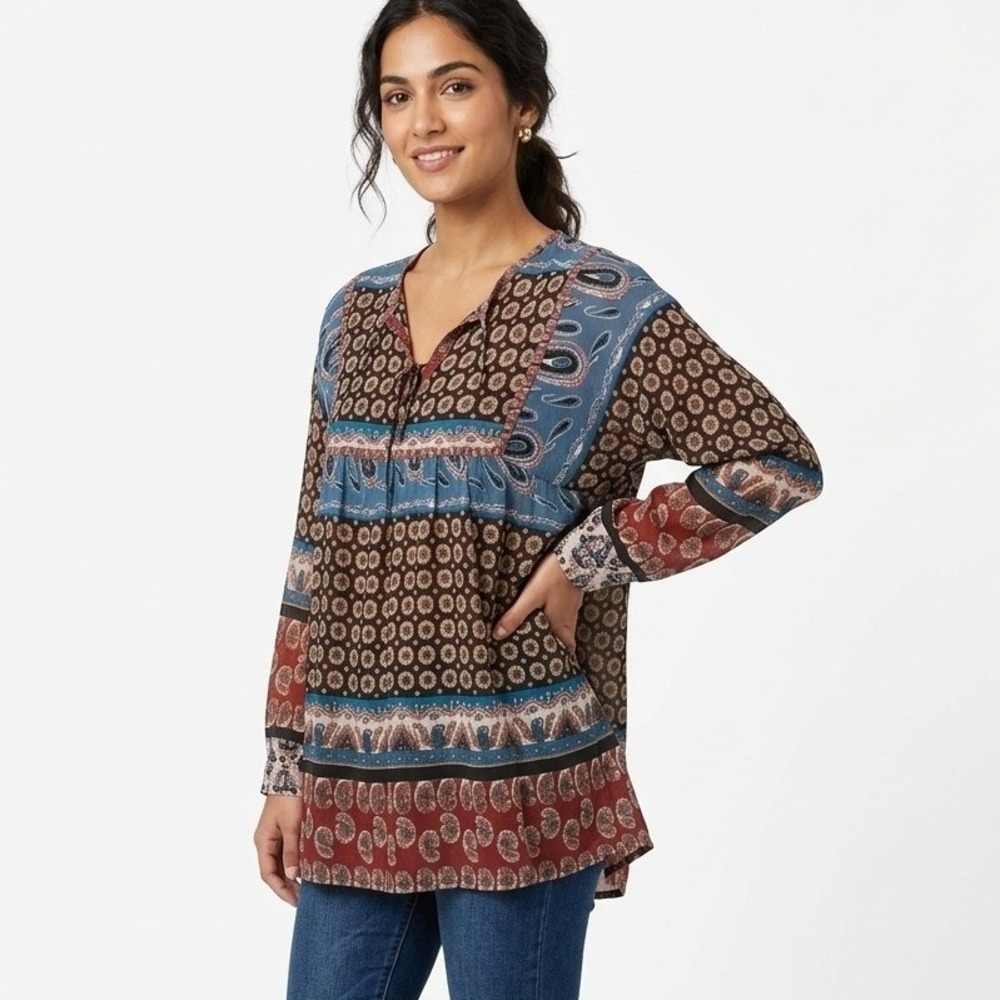 Vtg Geeta Tunic Blouse Multi-Color Cotton Block Print Boho India - Free Size